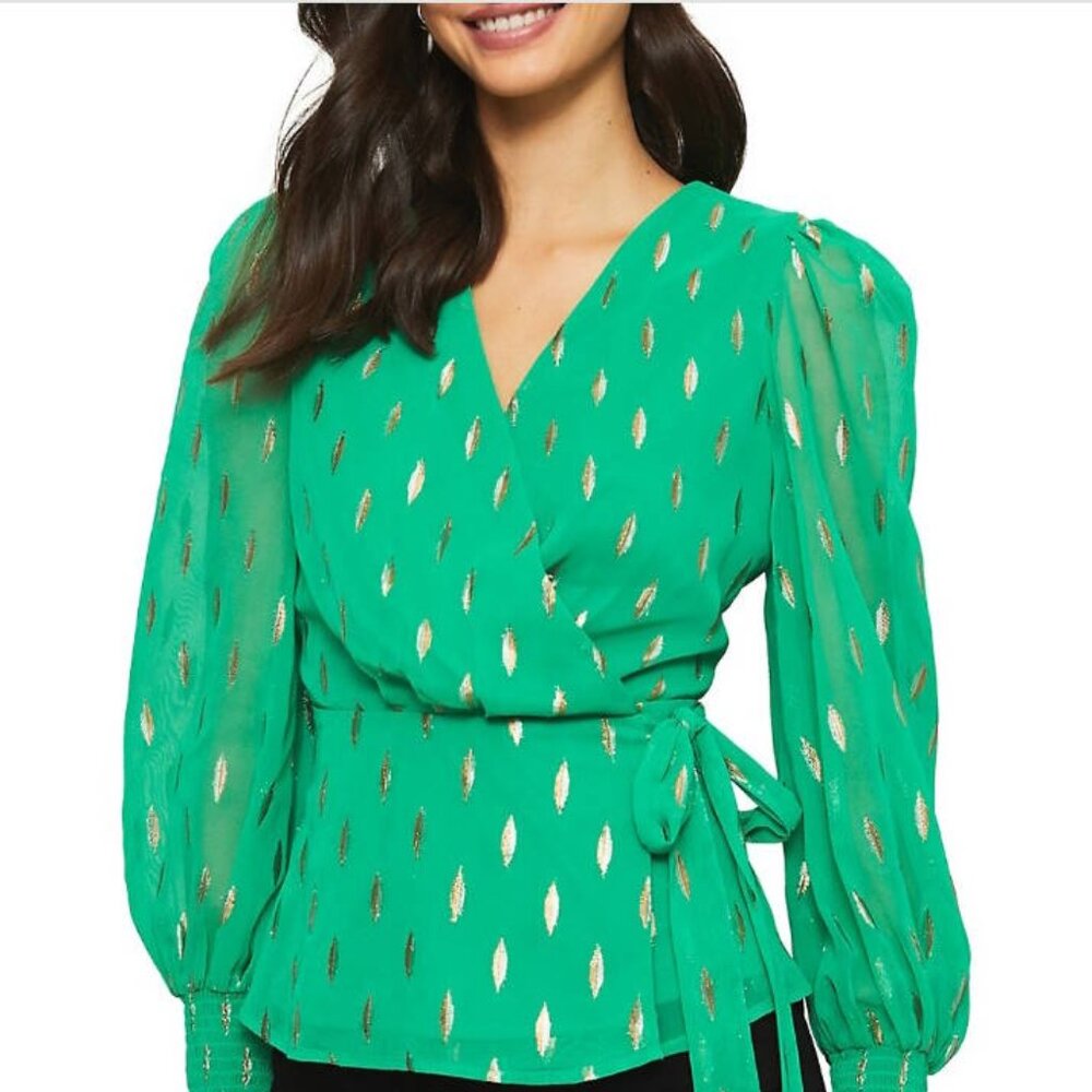NWT Lipsy Green Wrap Top with Gold and Silver Lurex Pattern UK Size 12 US Size 8